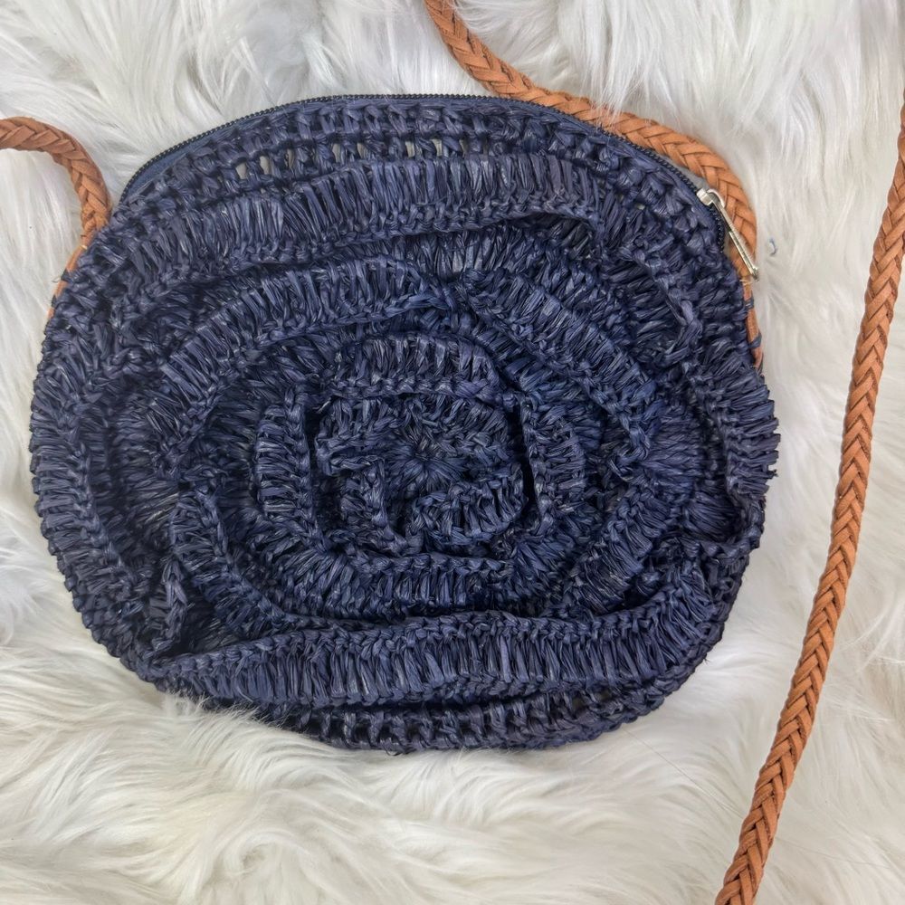 Mar Y Sol Black Navy Blue Straw 3d Flower Circle Crossbody Shoulder Bag